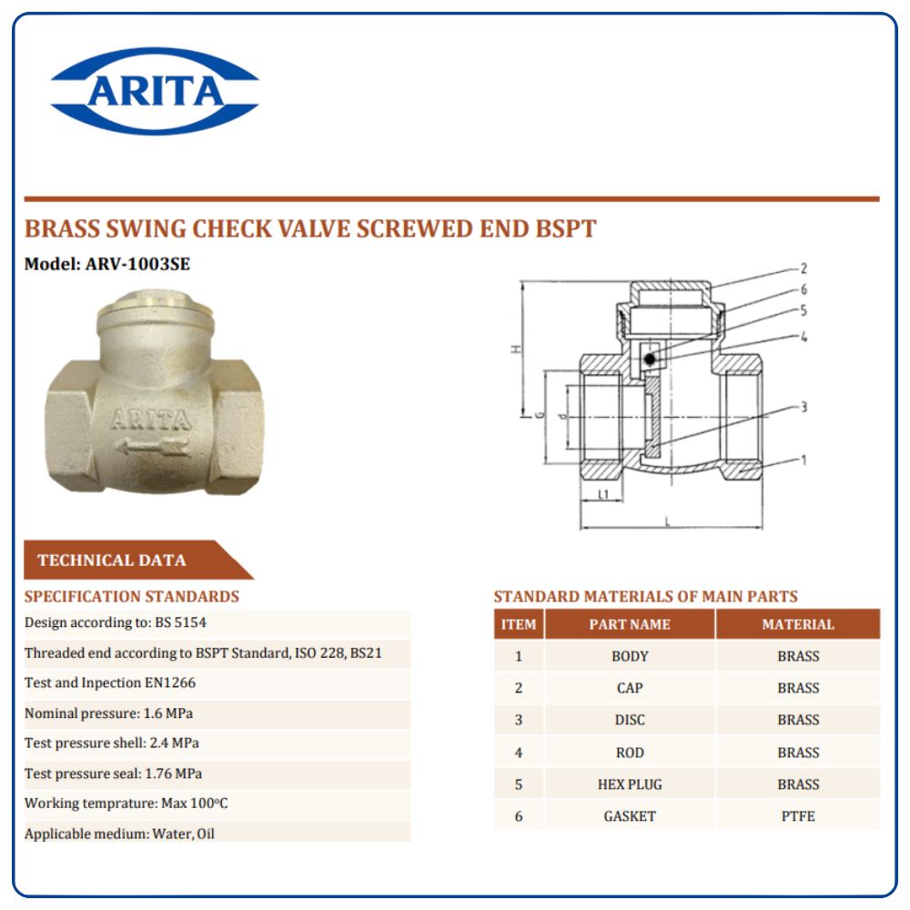 Cấu tạo Van 1 chiều đồng lá lật Arita ARV-1003SE