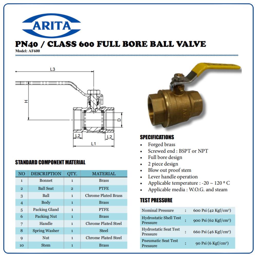 Cấu tạo Van bi đồng tay gạt Arita AF600