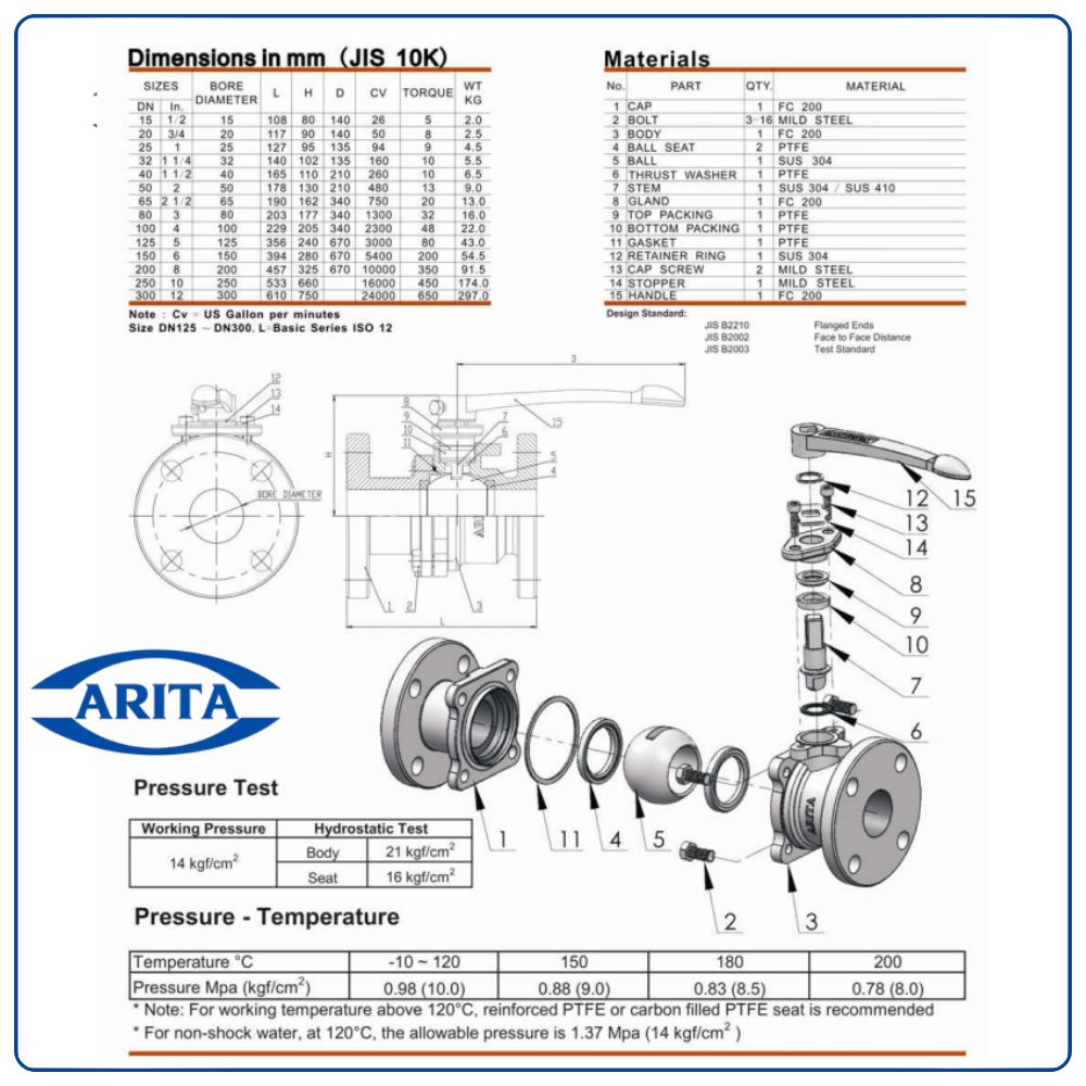 Cấu tạo Van bi gang tay gạt Arita ARV-800FE(J)