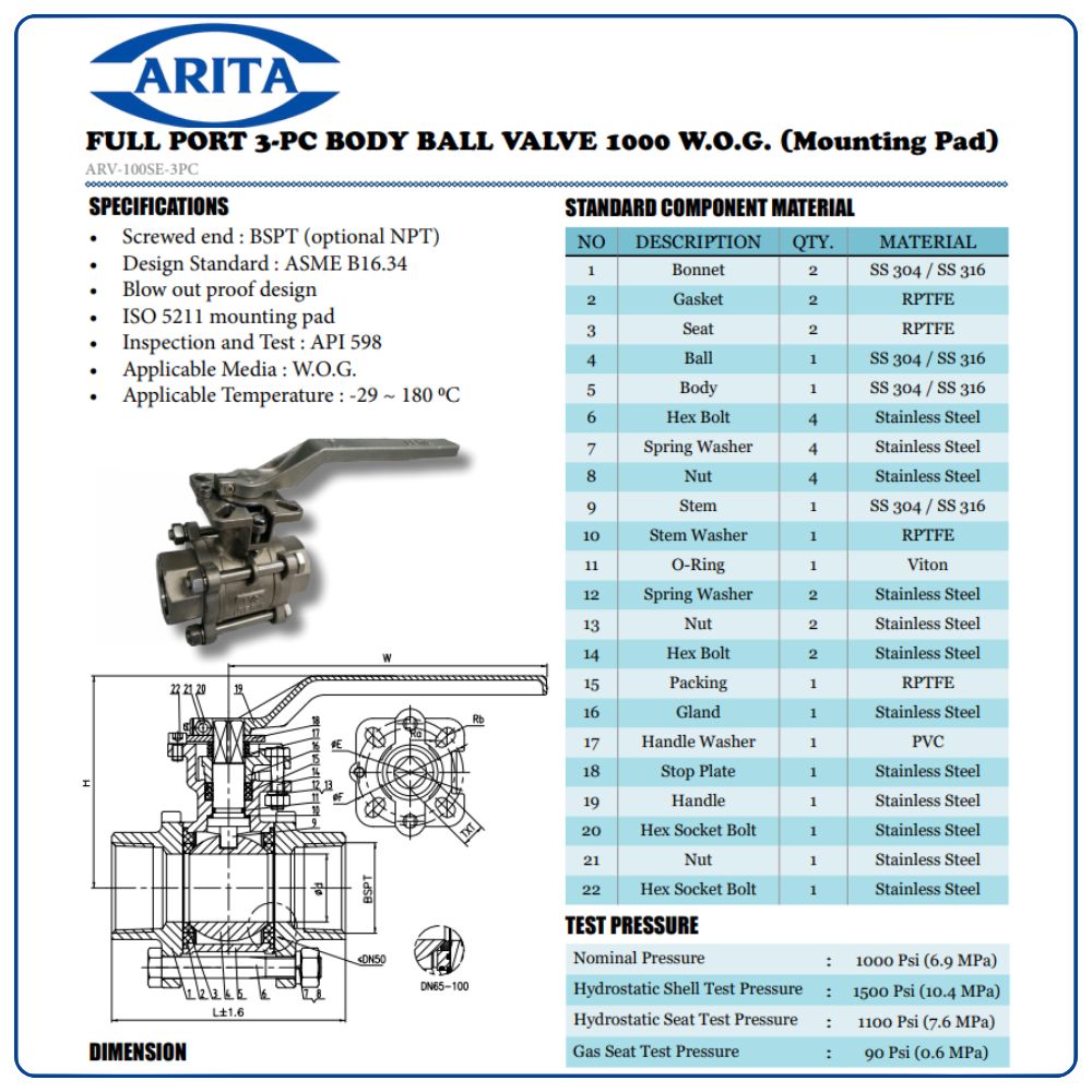 Cấu tạo Van bi inox tay gạt Arita ARV-100SE-3PC