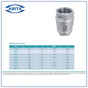 Kích thước Cấu tạo Van 1 chiều lò xo inox Arita ARF-114SE