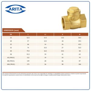Kích thước Van 1 chiều đồng lá lật Arita ARV-1003SE