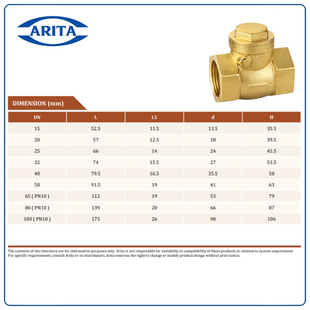 Kích thước Van 1 chiều đồng lá lật Arita ARV-1003SE