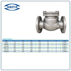 Kích thước Van 1 chiều lá lật inox Arita ARV-103FE(J)