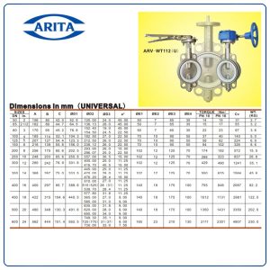 Kích thước Van bướm inox tay gạt Arita ARV-WT112(U)