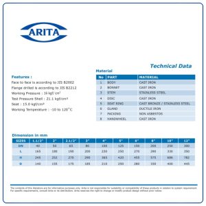 Kích thước Van cổng ty chìm Arita CG-NR-J1